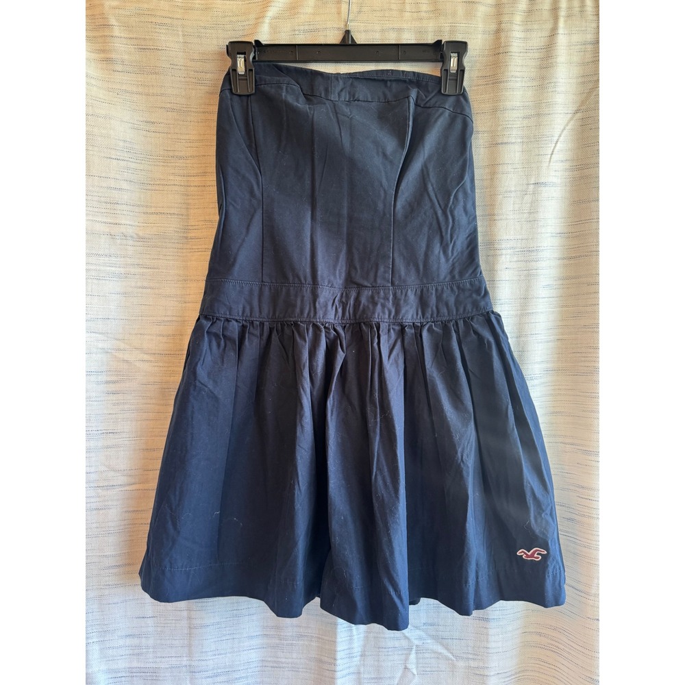 Hollister Navy Blue Strapless Smocked Drop Waist Mini Dress Large Y2K Preppy
